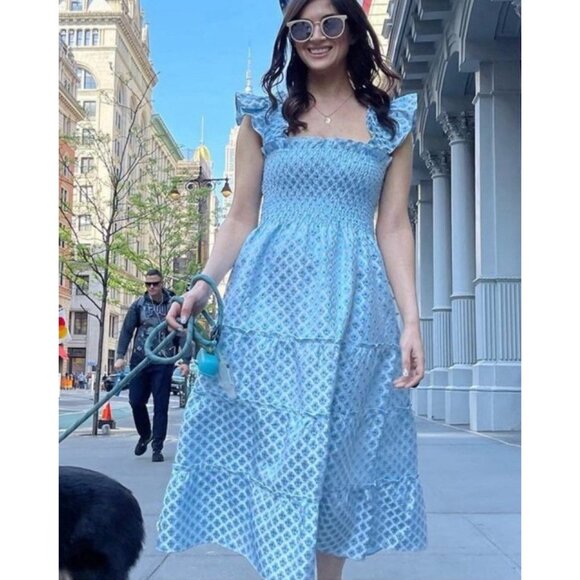 NWT Hill House Ellie Nap in Blue White Brocade Snowflake Smocked Midi Dress XL - Picture 7 of 7